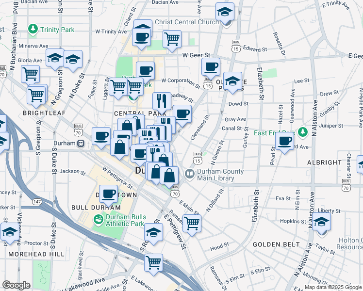 map of restaurants, bars, coffee shops, grocery stores, and more near 511 Cleveland Street in Durham