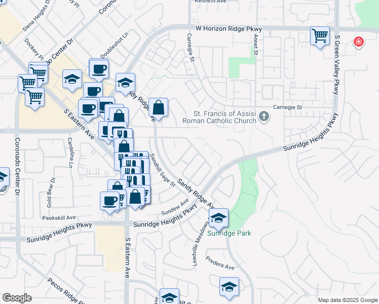 map of restaurants, bars, coffee shops, grocery stores, and more near 2553 Williamsburg Street in Henderson