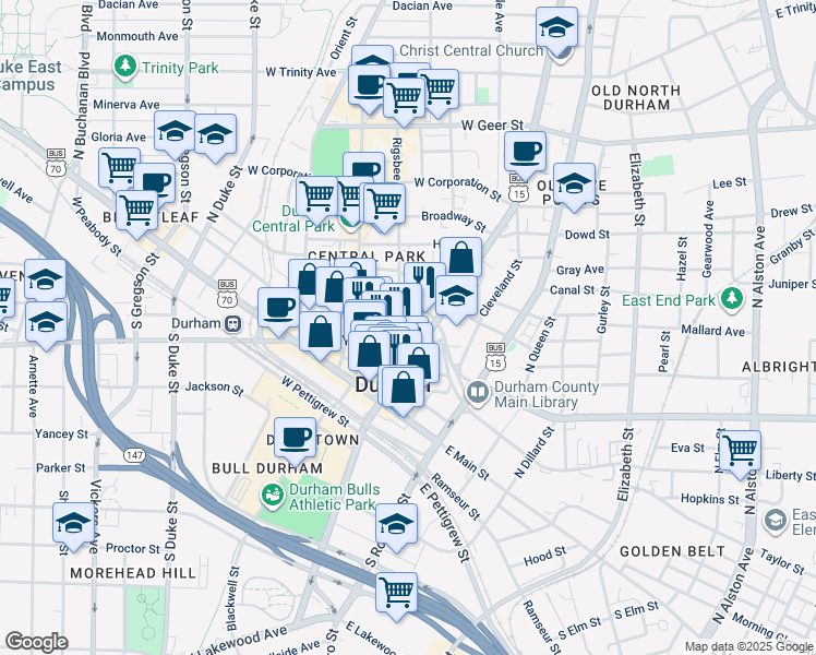map of restaurants, bars, coffee shops, grocery stores, and more near 208 Rigsbee Avenue in Durham