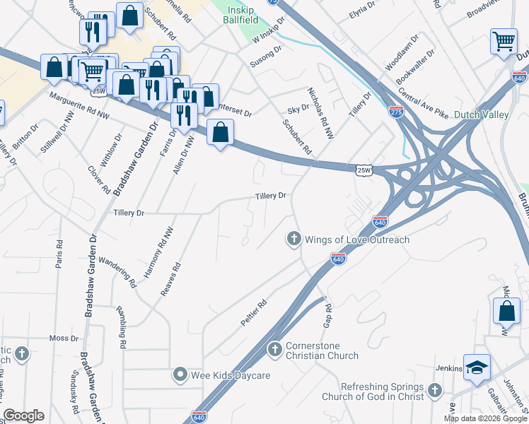 map of restaurants, bars, coffee shops, grocery stores, and more near 1305 Wilson Road in Knoxville