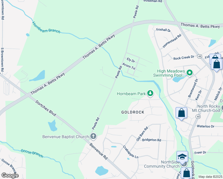 map of restaurants, bars, coffee shops, grocery stores, and more near Peele Road in Rocky Mount