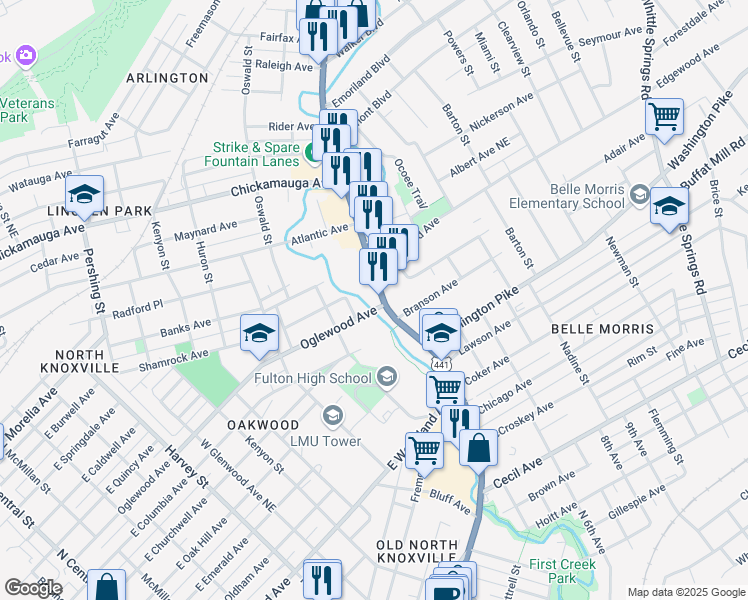 map of restaurants, bars, coffee shops, grocery stores, and more near 1307 Oglewood Avenue in Knoxville