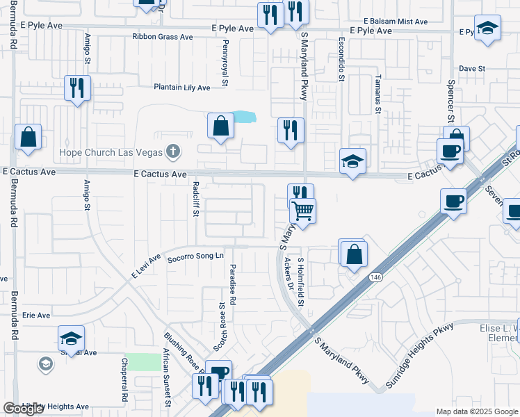 map of restaurants, bars, coffee shops, grocery stores, and more near 10585 Pueblo Springs Street in Las Vegas