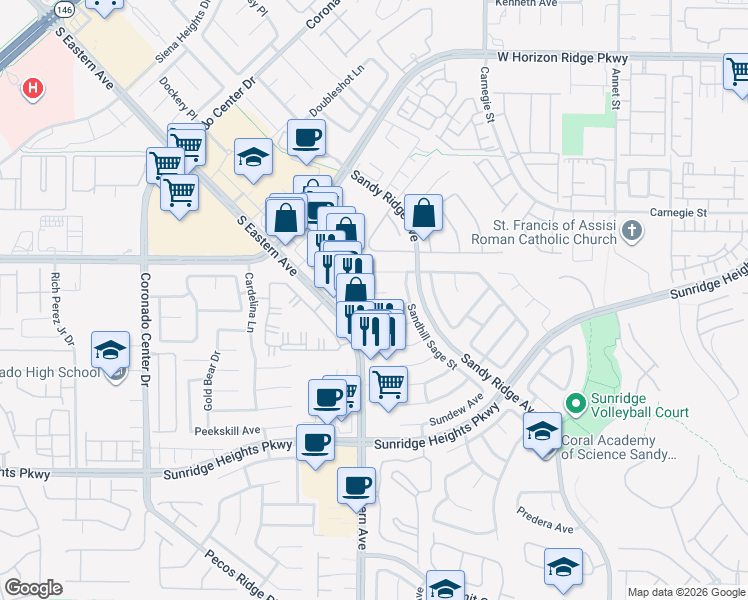 map of restaurants, bars, coffee shops, grocery stores, and more near 819 Adagio Street in Henderson