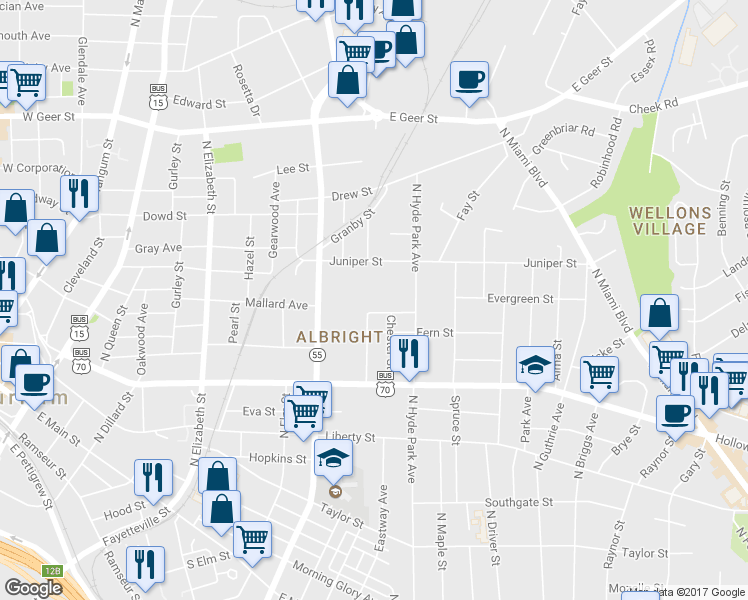 map of restaurants, bars, coffee shops, grocery stores, and more near 1011 Lowry Avenue in Durham