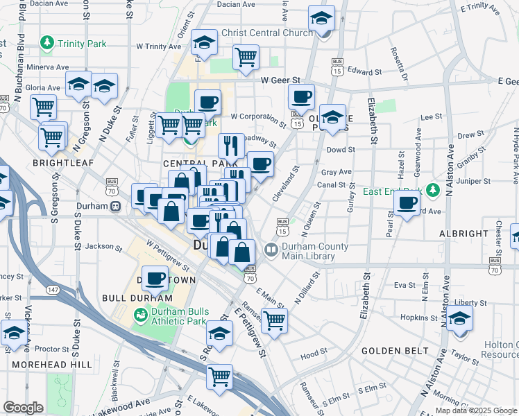 map of restaurants, bars, coffee shops, grocery stores, and more near 414 Cleveland Street in Durham