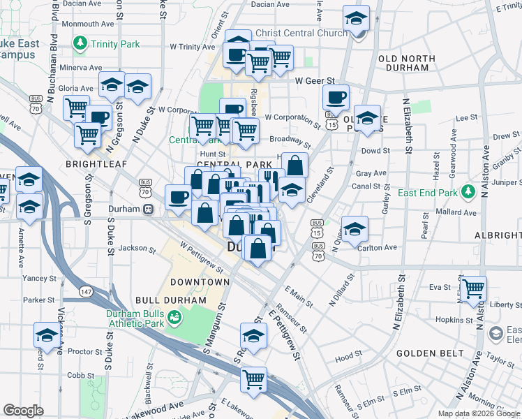 map of restaurants, bars, coffee shops, grocery stores, and more near 200 Rigsbee Avenue in Durham
