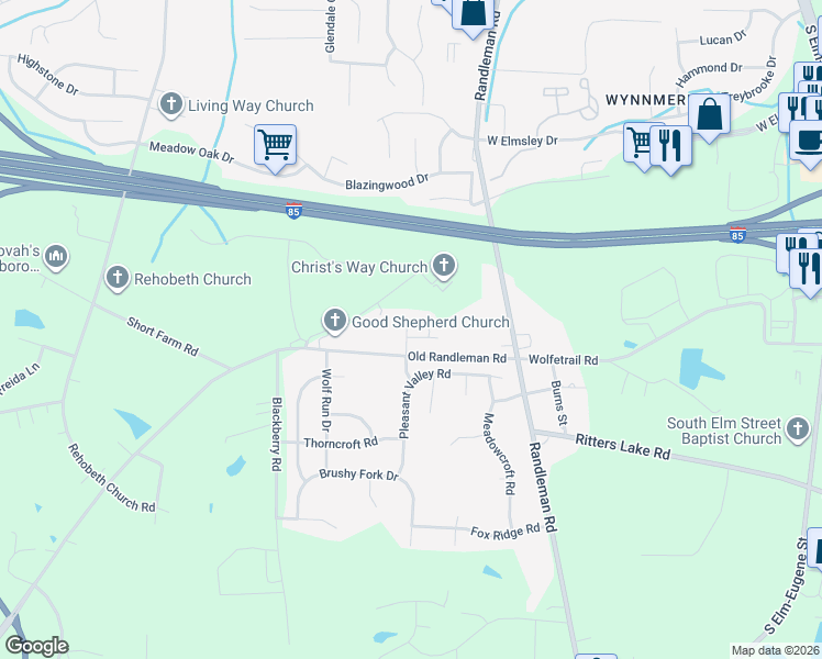 map of restaurants, bars, coffee shops, grocery stores, and more near 4452 Old Randleman Road in Greensboro