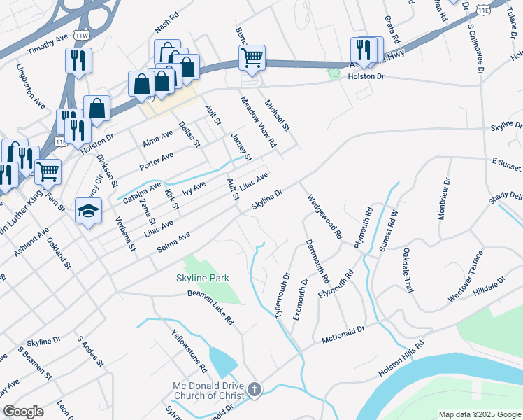 map of restaurants, bars, coffee shops, grocery stores, and more near 4204 Skyline Drive in Knoxville