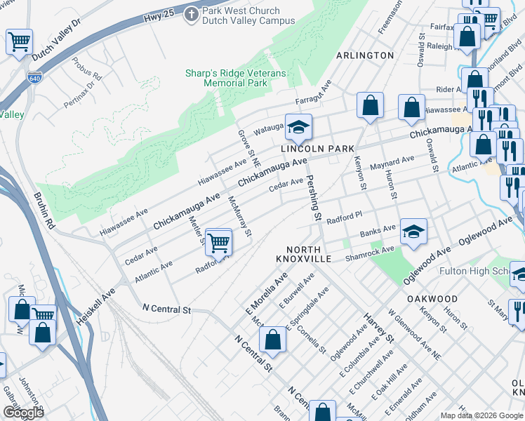 map of restaurants, bars, coffee shops, grocery stores, and more near 426 Atlantic Avenue in Knoxville