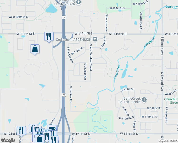 map of restaurants, bars, coffee shops, grocery stores, and more near 11428 South Cleveland Street in Jenks