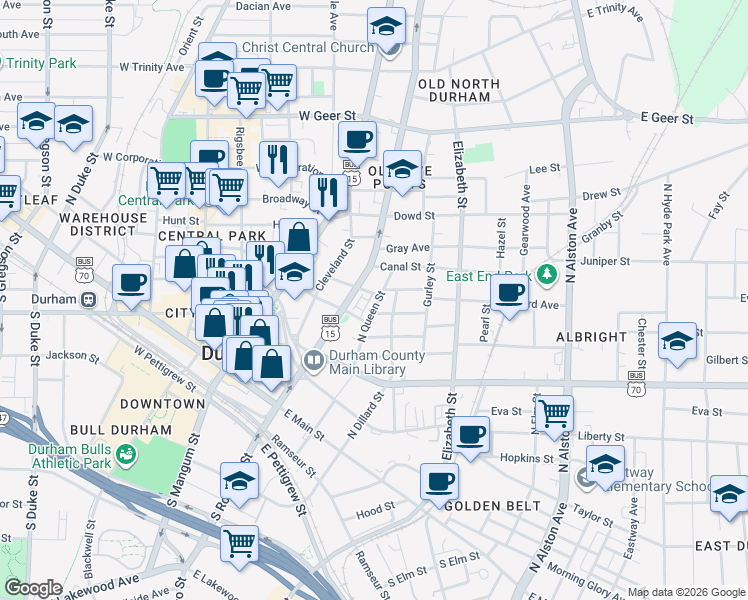 map of restaurants, bars, coffee shops, grocery stores, and more near 316 Mallard Avenue in Durham