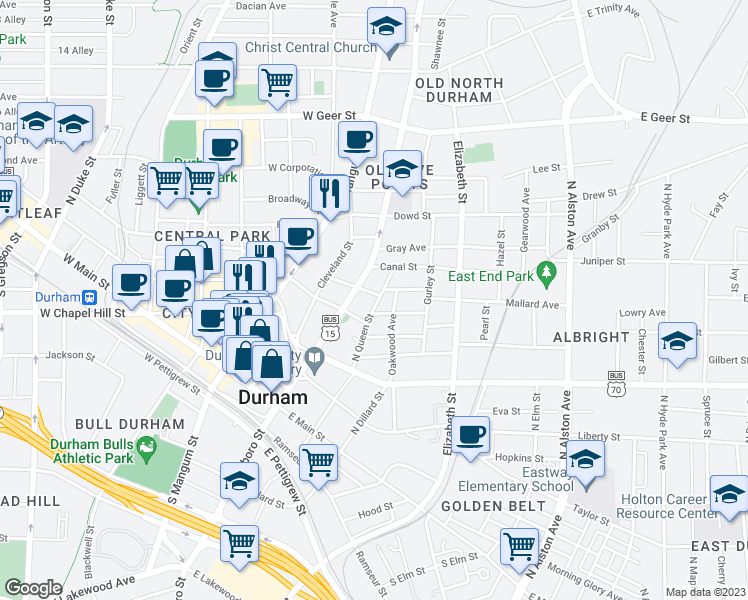 map of restaurants, bars, coffee shops, grocery stores, and more near 314 Mallard Avenue in Durham
