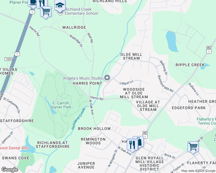 map of restaurants, bars, coffee shops, grocery stores, and more near 924 Barnford Mill Road in Wake Forest