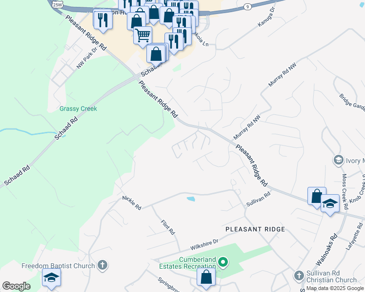 map of restaurants, bars, coffee shops, grocery stores, and more near 6331 Pleasant Ridge Road in Knoxville