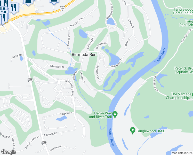 map of restaurants, bars, coffee shops, grocery stores, and more near 200 Spyglass Drive in Advance