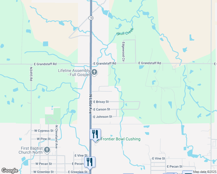 map of restaurants, bars, coffee shops, grocery stores, and more near 1724 North Little Avenue in Cushing