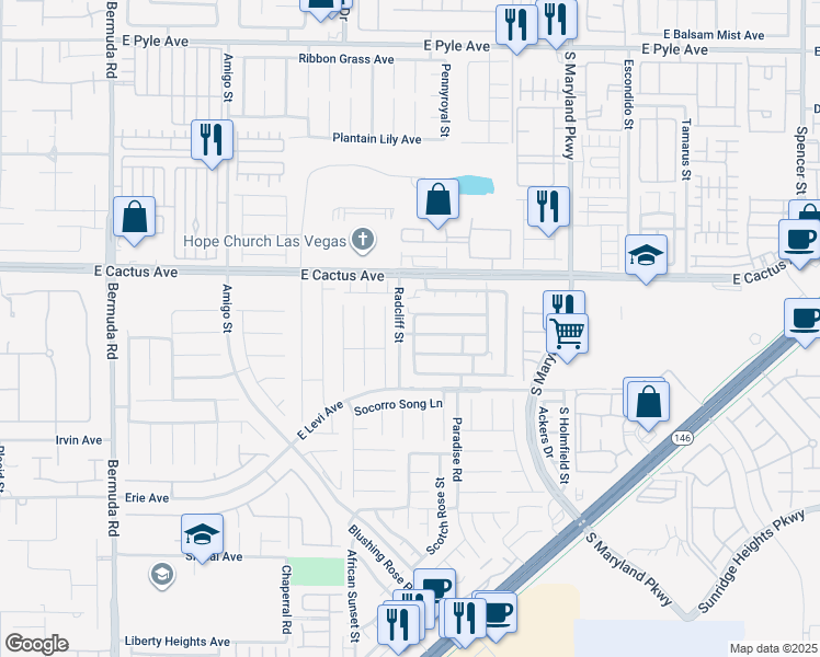 map of restaurants, bars, coffee shops, grocery stores, and more near 10595 Alondra Peak Street in Las Vegas