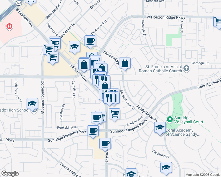 map of restaurants, bars, coffee shops, grocery stores, and more near 819 Adagio Street in Henderson