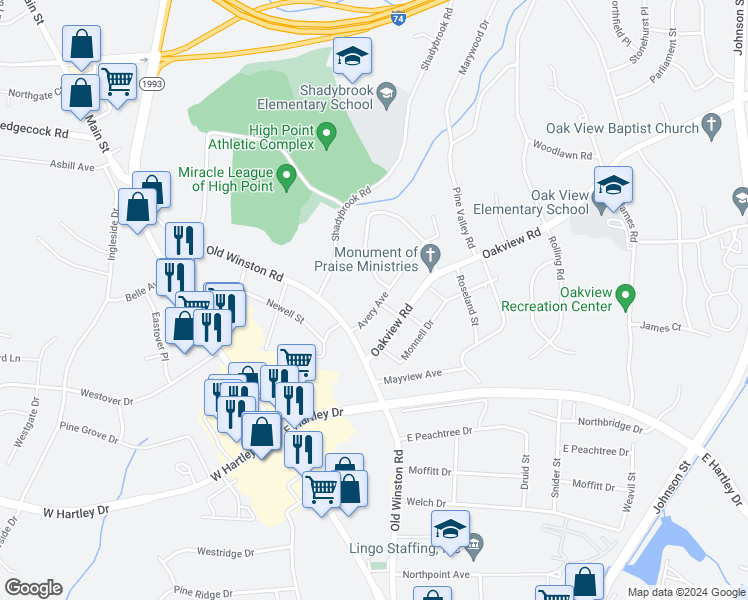 map of restaurants, bars, coffee shops, grocery stores, and more near 115 Avery Avenue in High Point