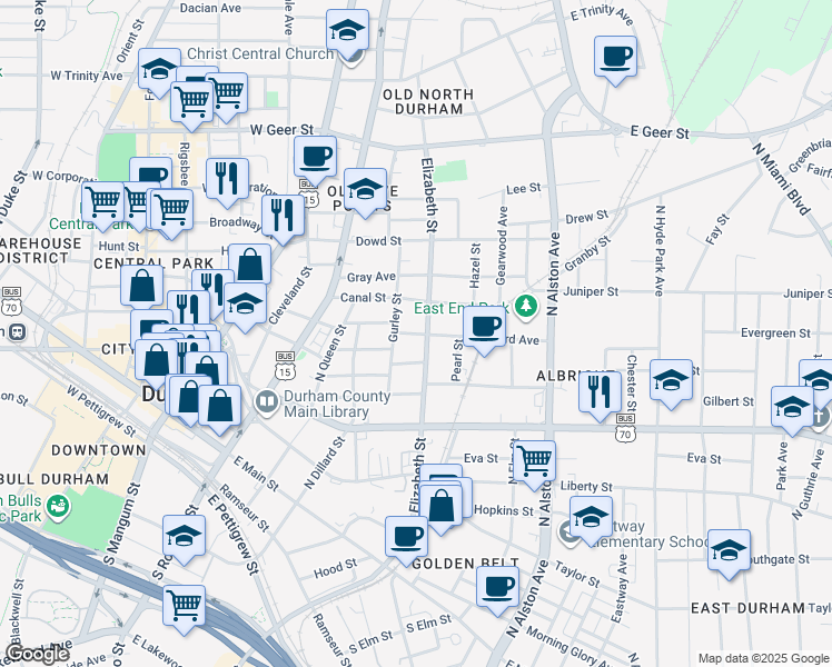 map of restaurants, bars, coffee shops, grocery stores, and more near Mallard Avenue in Durham