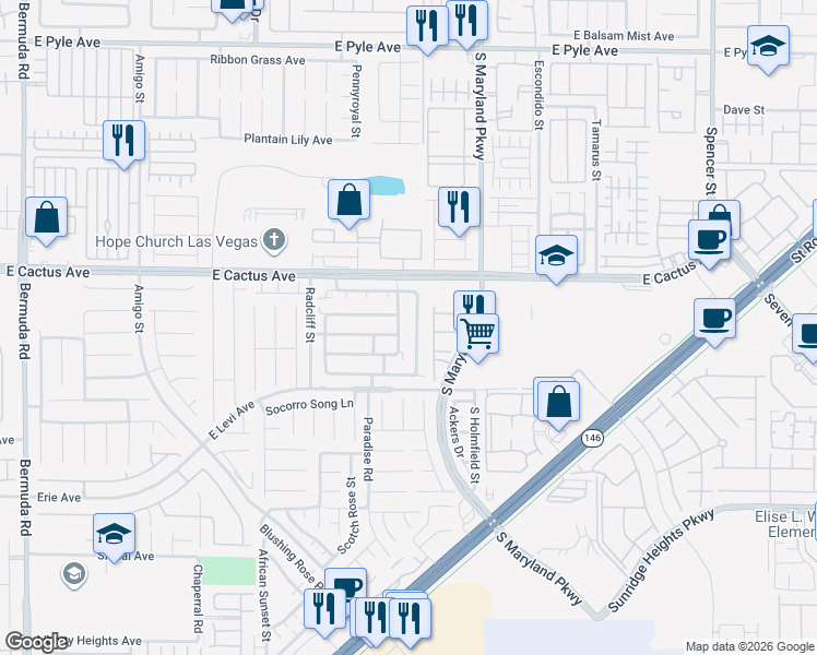 map of restaurants, bars, coffee shops, grocery stores, and more near 10585 Pueblo Springs Street in Las Vegas