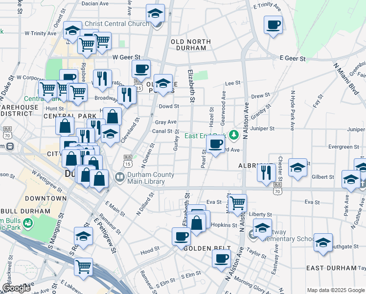 map of restaurants, bars, coffee shops, grocery stores, and more near Mallard Avenue in Durham