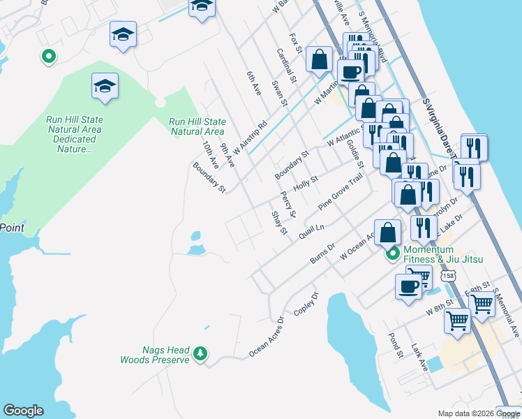 map of restaurants, bars, coffee shops, grocery stores, and more near 1005 Holly Street in Kill Devil Hills