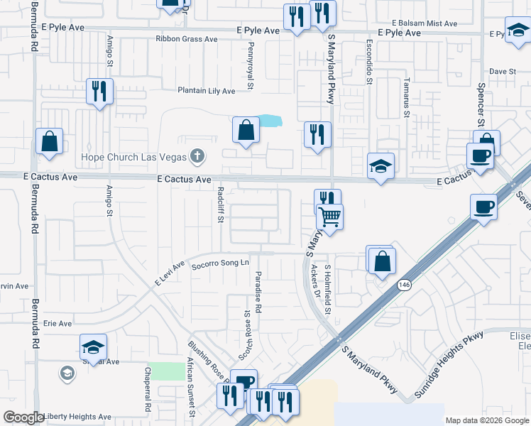 map of restaurants, bars, coffee shops, grocery stores, and more near 1014 Grand Cerritos Avenue in Las Vegas