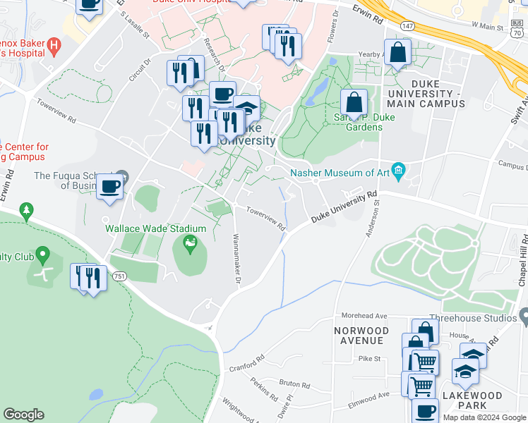 map of restaurants, bars, coffee shops, grocery stores, and more near 407 Towerview Road in Durham