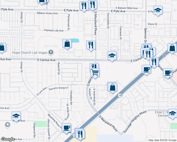 map of restaurants, bars, coffee shops, grocery stores, and more near 1136 Volcanic Garden Court in Las Vegas