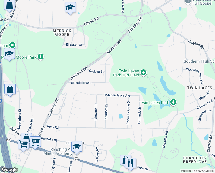 map of restaurants, bars, coffee shops, grocery stores, and more near 2804 Mansfield Avenue in Durham
