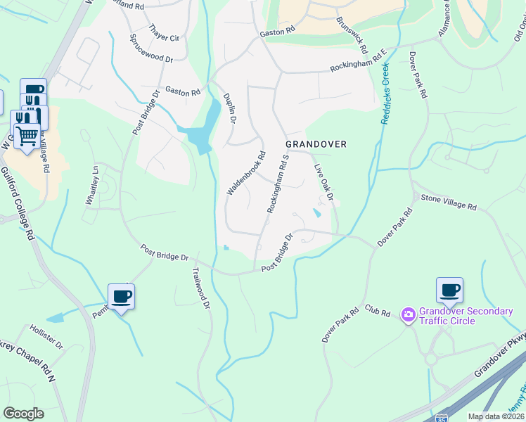 map of restaurants, bars, coffee shops, grocery stores, and more near 4103 Rockingham Road South in Greensboro