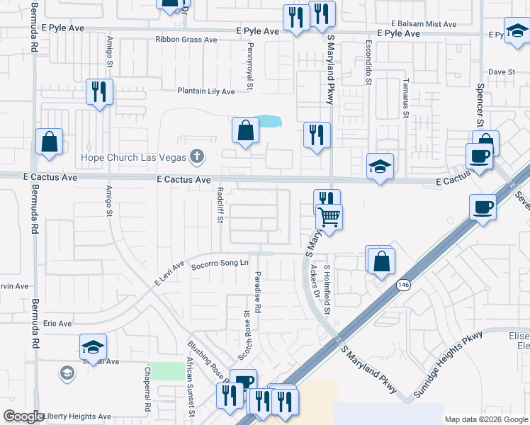 map of restaurants, bars, coffee shops, grocery stores, and more near 1014 Grand Cerritos Avenue in Las Vegas