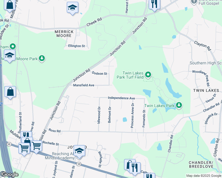 map of restaurants, bars, coffee shops, grocery stores, and more near 2804 Mansfield Avenue in Durham