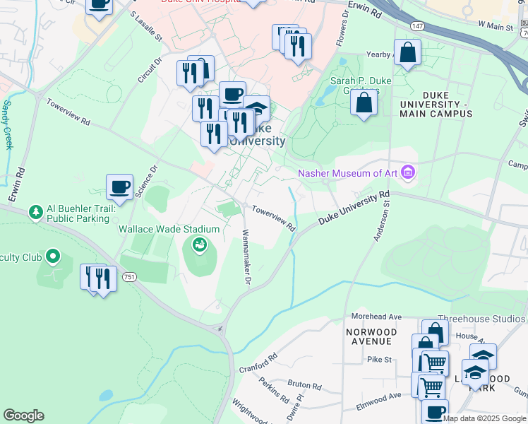 map of restaurants, bars, coffee shops, grocery stores, and more near 305 Towerview Road in Durham
