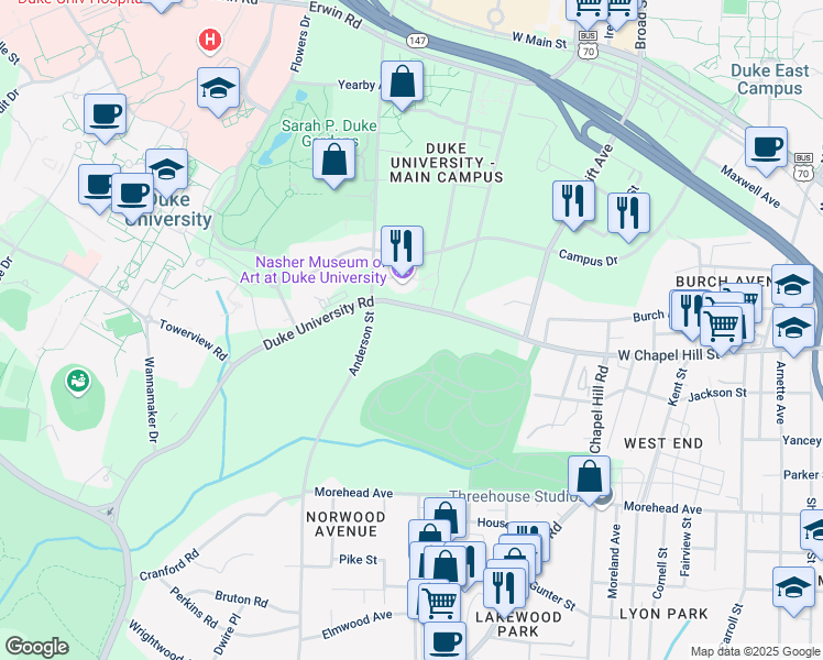 map of restaurants, bars, coffee shops, grocery stores, and more near 1836 Duke University Road in Durham
