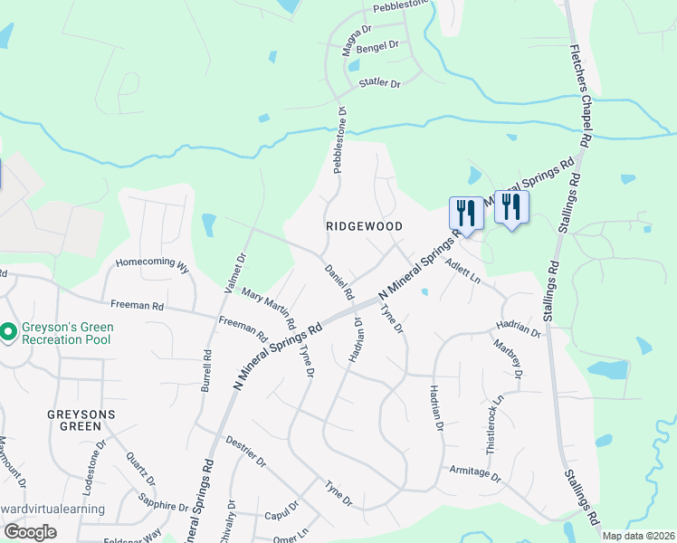 map of restaurants, bars, coffee shops, grocery stores, and more near 3 Duxford Court in Durham