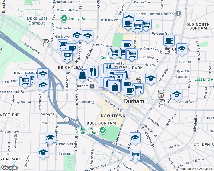 map of restaurants, bars, coffee shops, grocery stores, and more near 341 West Main Street in Durham