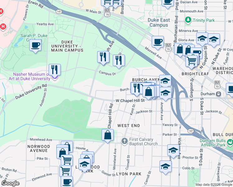 map of restaurants, bars, coffee shops, grocery stores, and more near 1410 West Chapel Hill Street in Durham