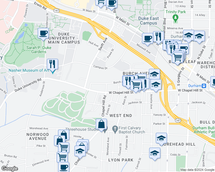 map of restaurants, bars, coffee shops, grocery stores, and more near 1410 West Chapel Hill Street in Durham