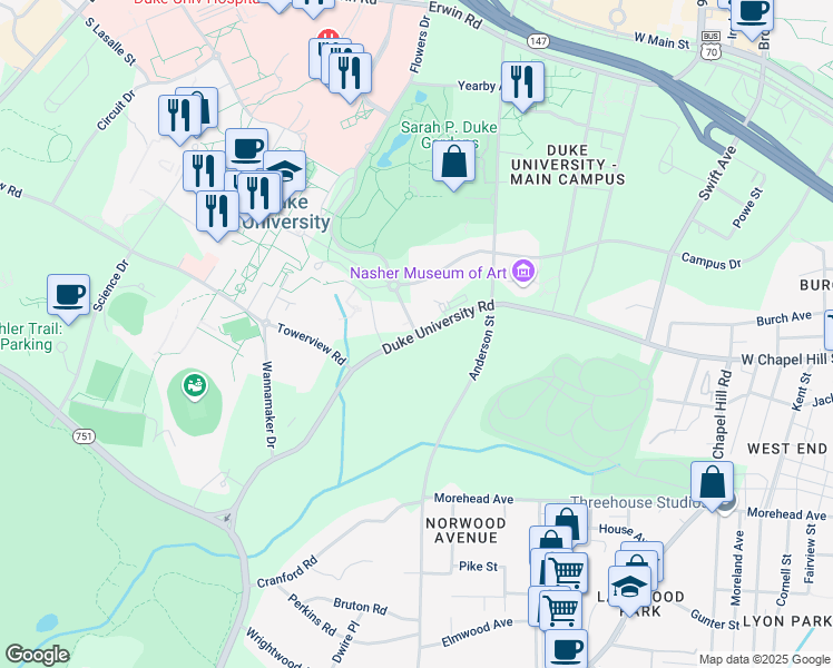 map of restaurants, bars, coffee shops, grocery stores, and more near 1836 Duke University Rd in Durham