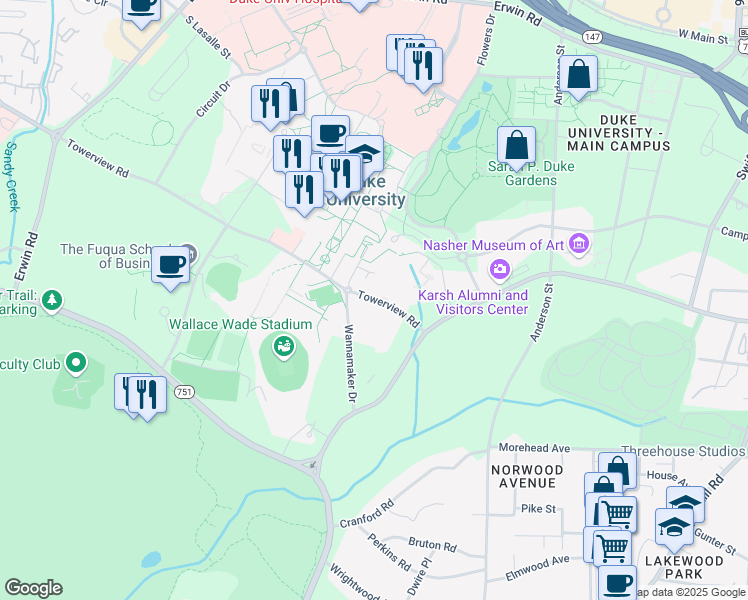 map of restaurants, bars, coffee shops, grocery stores, and more near Towerview Rd in Durham