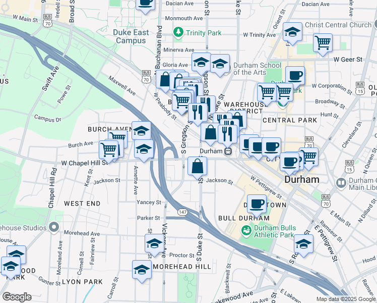 map of restaurants, bars, coffee shops, grocery stores, and more near 508 West Chapel Hill Street in Durham