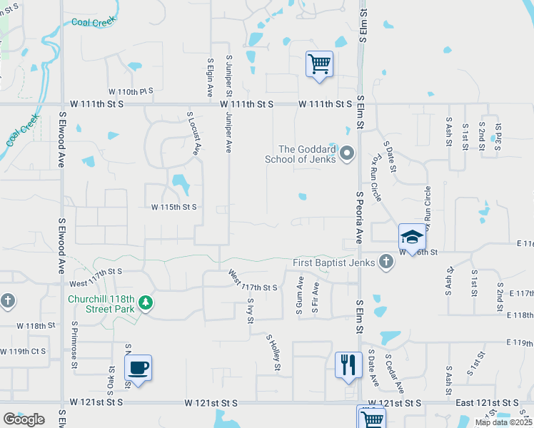 map of restaurants, bars, coffee shops, grocery stores, and more near South Elgin Avenue in Jenks