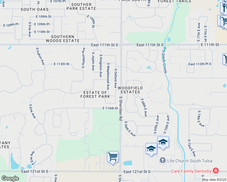 map of restaurants, bars, coffee shops, grocery stores, and more near 11430 South Oxford Avenue in Tulsa