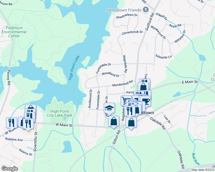 map of restaurants, bars, coffee shops, grocery stores, and more near 399 Potter Drive in Jamestown