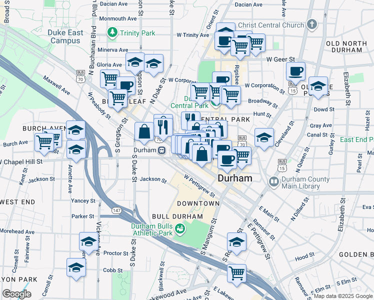map of restaurants, bars, coffee shops, grocery stores, and more near 400 West Main Street in Durham