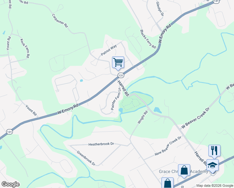 map of restaurants, bars, coffee shops, grocery stores, and more near 6431 Painter Farm Lane in Knoxville