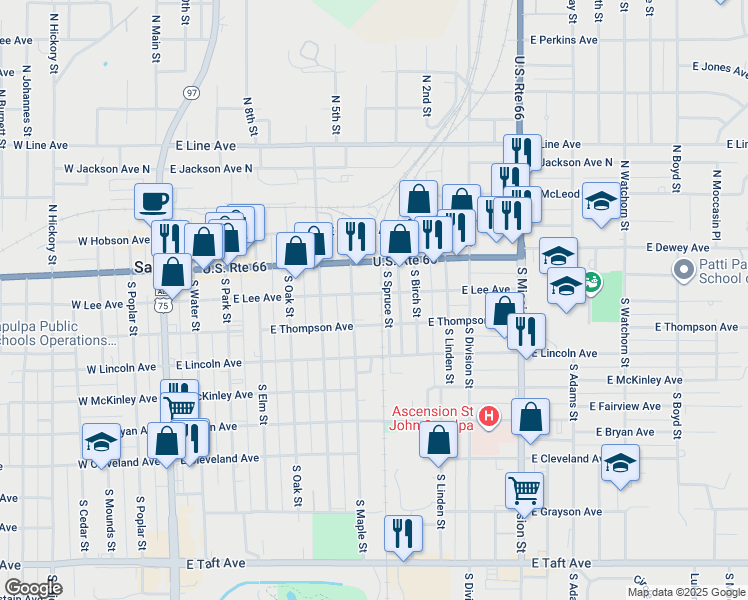 map of restaurants, bars, coffee shops, grocery stores, and more near 620 East Lee Avenue in Sapulpa